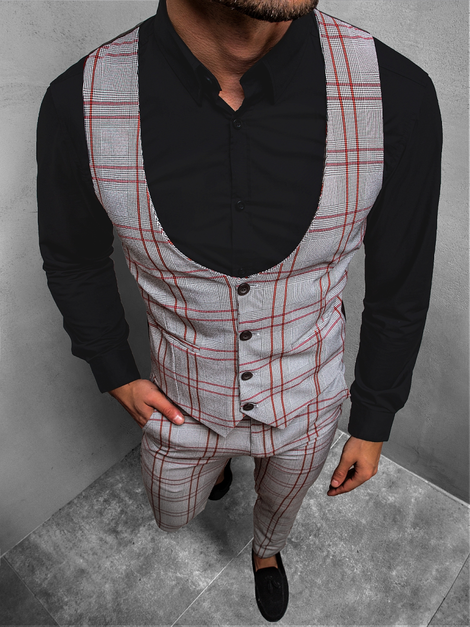 Мъжки комплект - елека и чино панталони сиво-червен OZONEE DJ/5598