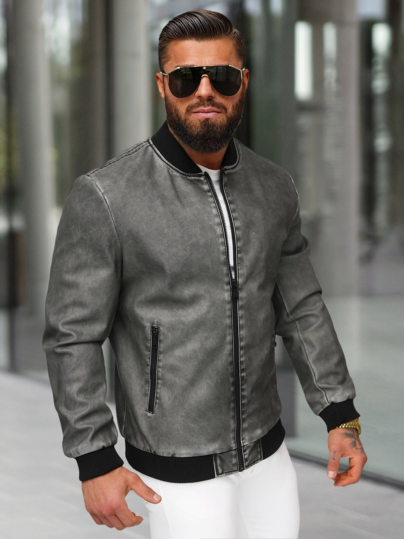 Мъжко кожено яке графитна OZONEE JS/11Z8107