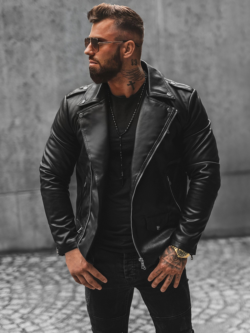 Мъжко кожено яке черно OZONEE JS/11Z8014