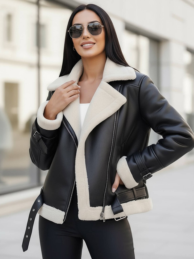 Дамско кожено яке черно-бяла OZONEE JS/11Z8177Z