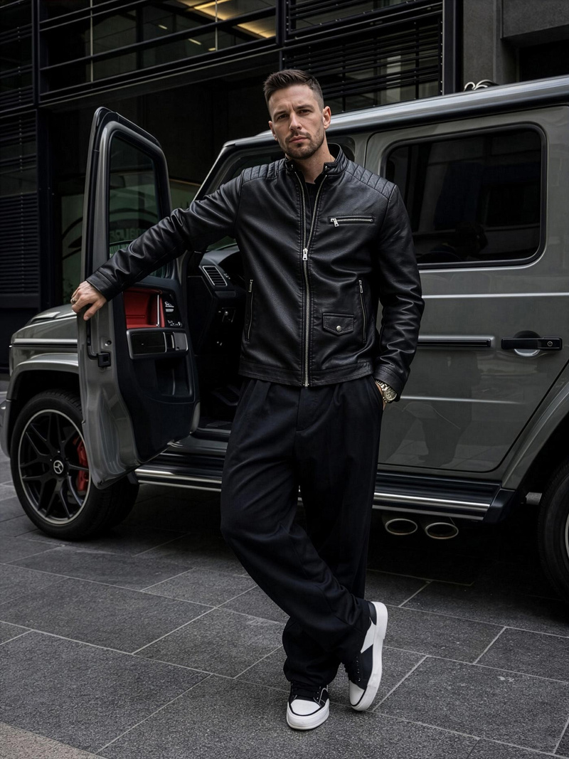 Мъжко кожено яке черно OZONEE JS/11Z8021