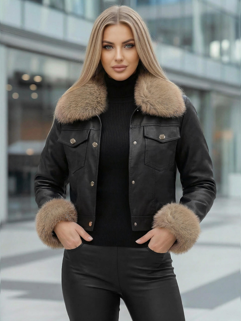 Дамско кожено яке черно-бежова OZONEE JS/61M8513/392B