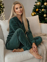 Дамска велурен спортен екип тъмнозелена OZONEE JS/8C1176/9Z