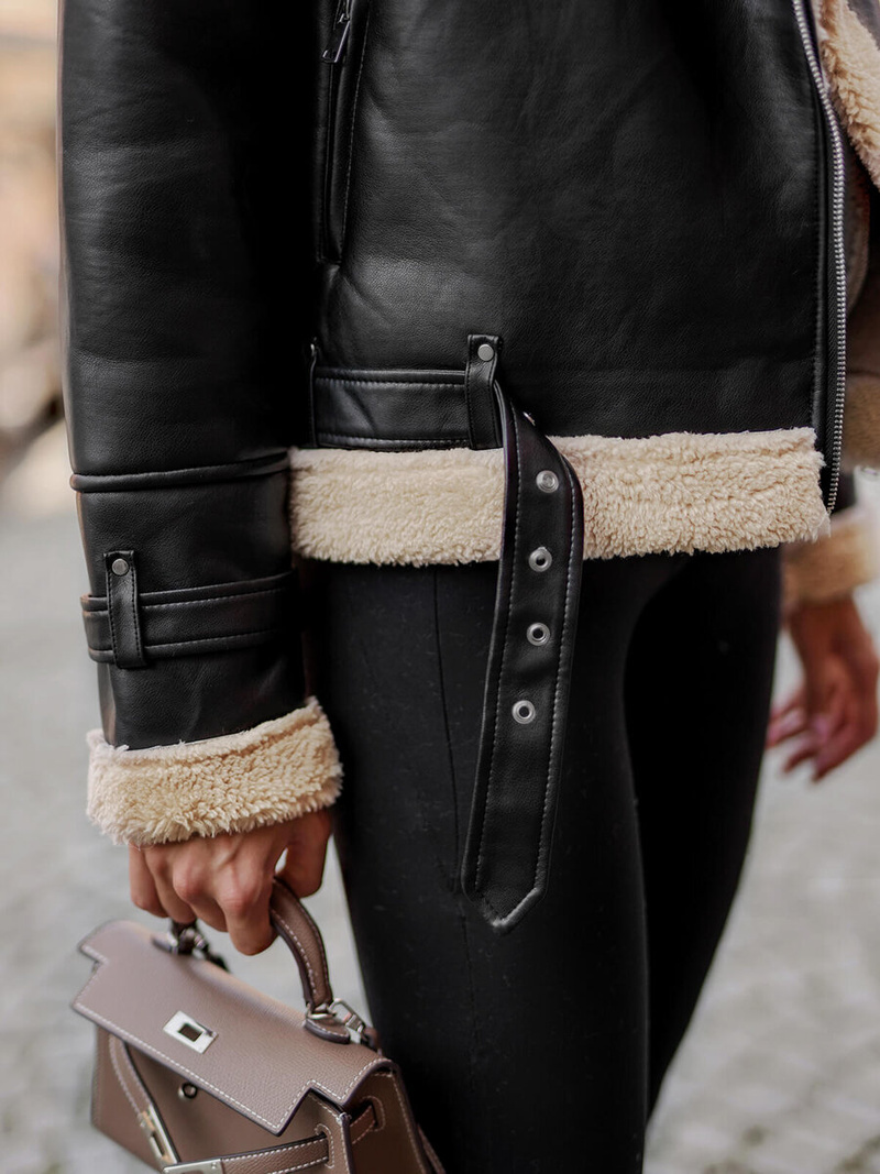 Дамско кожено яке черно-бежова OZONEE JS/11Z8177