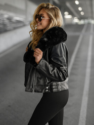 Дамско кожено яке черно OZONEE JS/61M8508/392A