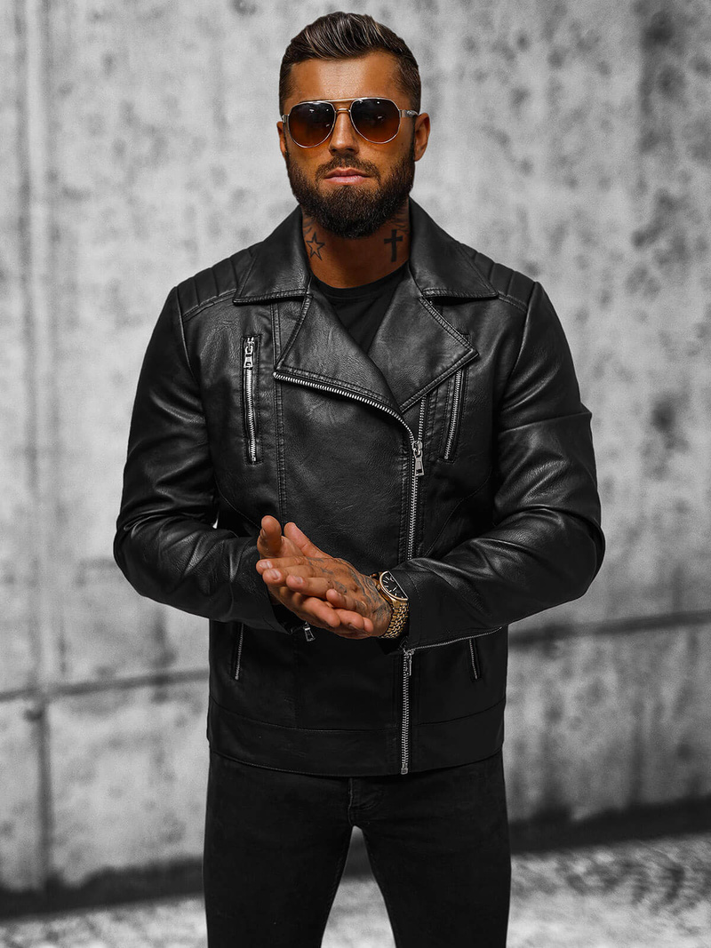 Мъжко кожено яке черно OZONEE JS/11Z8067