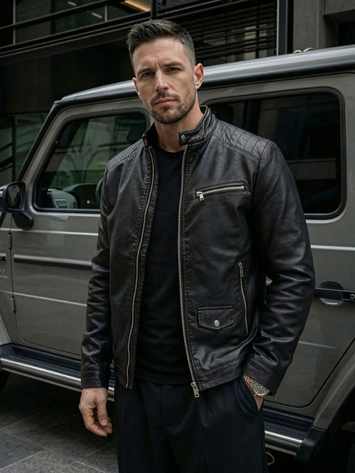 Мъжко кожено яке черно OZONEE JS/11Z8021