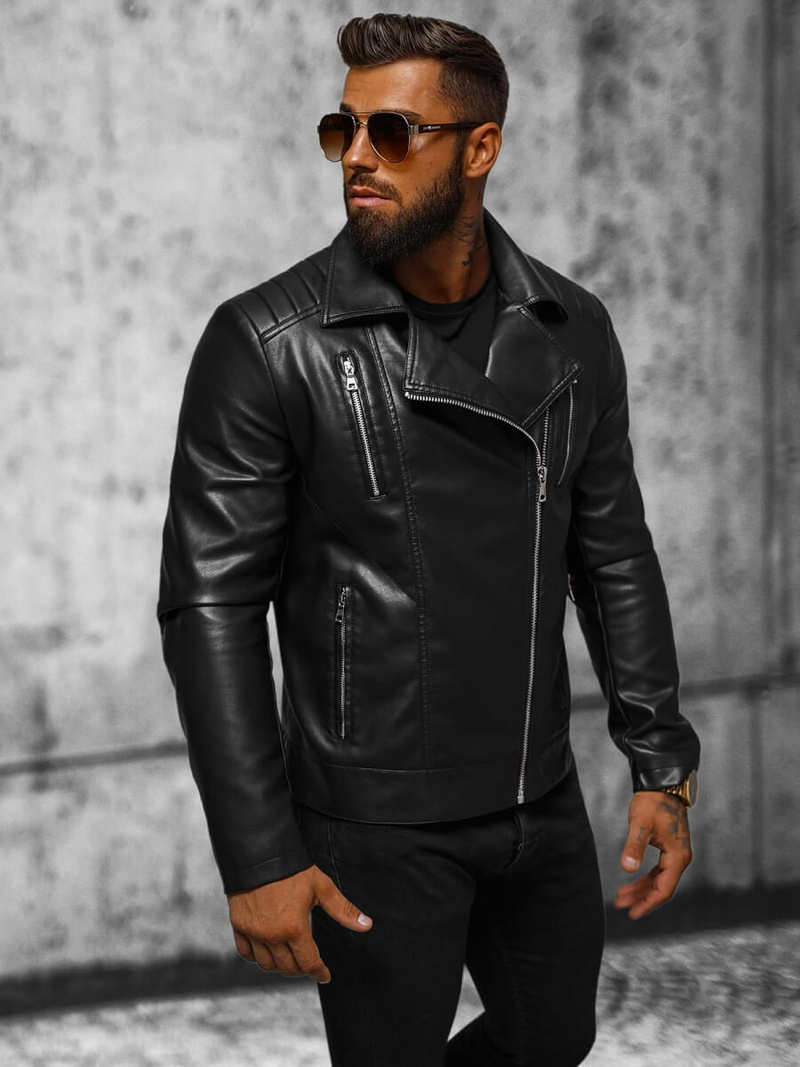 Мъжко кожено яке черно OZONEE JS/11Z8056