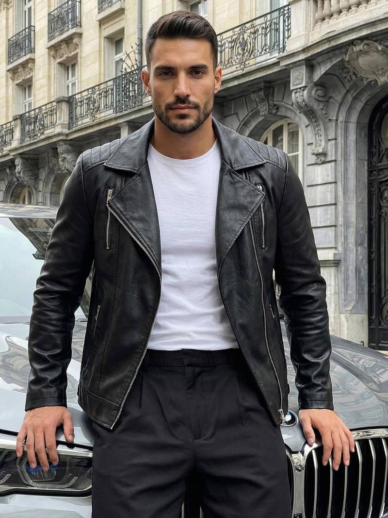 Мъжко кожено яке черно OZONEE JS/11Z8067Z