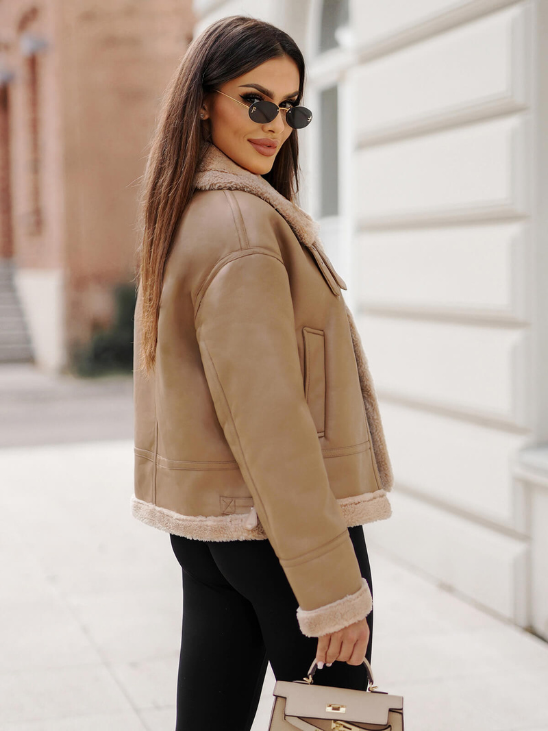 Дамско кожено яке бежова OZONEE JS/11Z8176