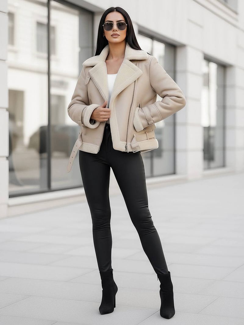 Дамско кожено яке бежова OZONEE JS/11Z8177Z