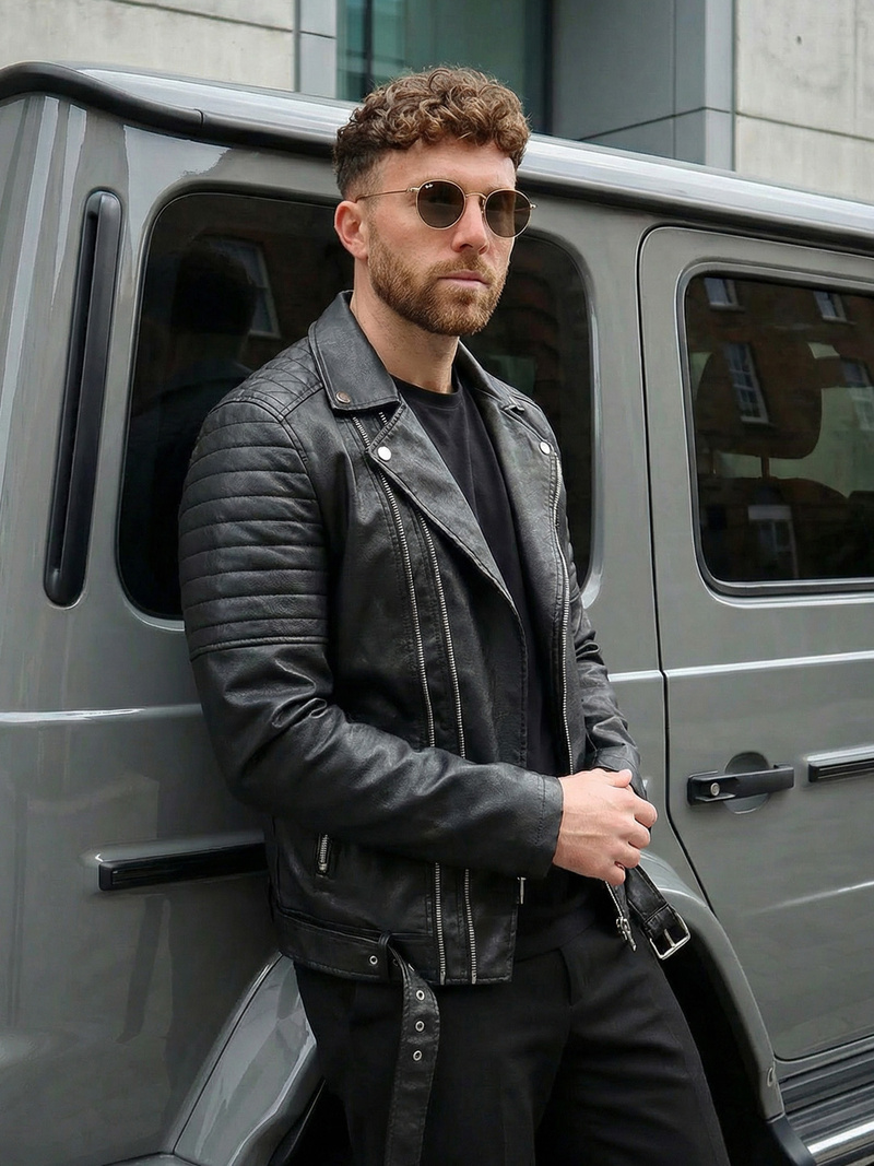 Мъжко кожено яке черно OZONEE JS/11Z8069