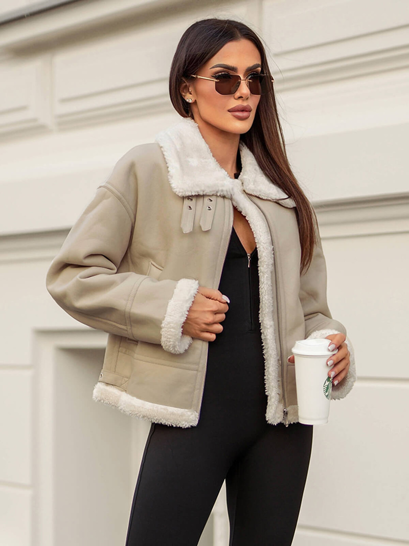 Дамско кожено яке бежова OZONEE JS/11Z8178