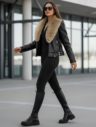 Дамско кожено яке черно-бежова OZONEE JS/61M8508/392BZ