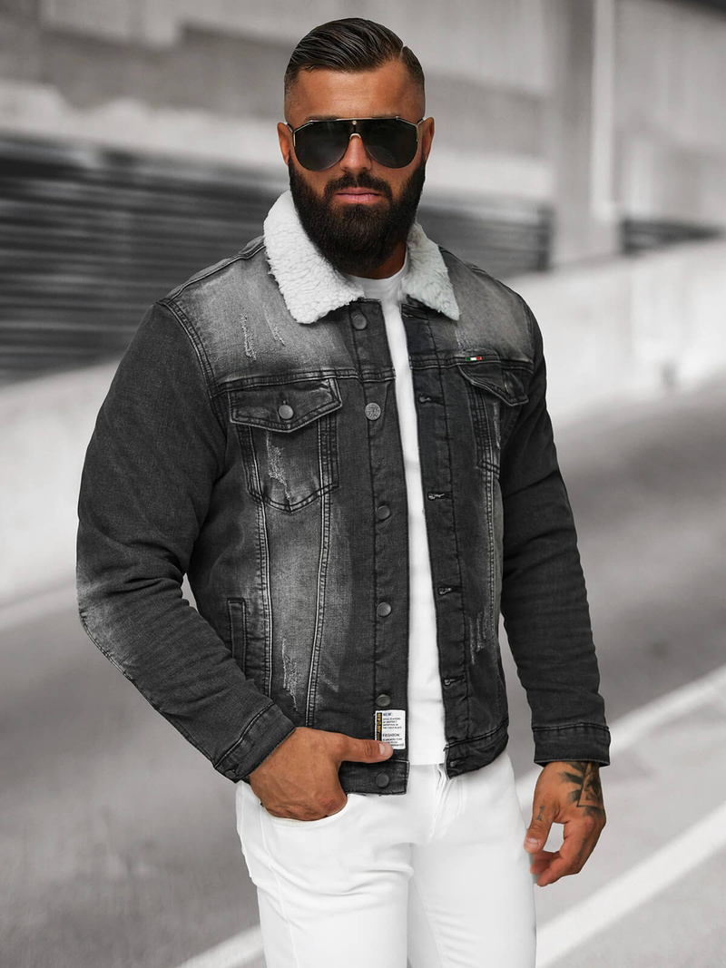 Мъжко джинсово яке шерпа черно OZONEE NB/MJ513N