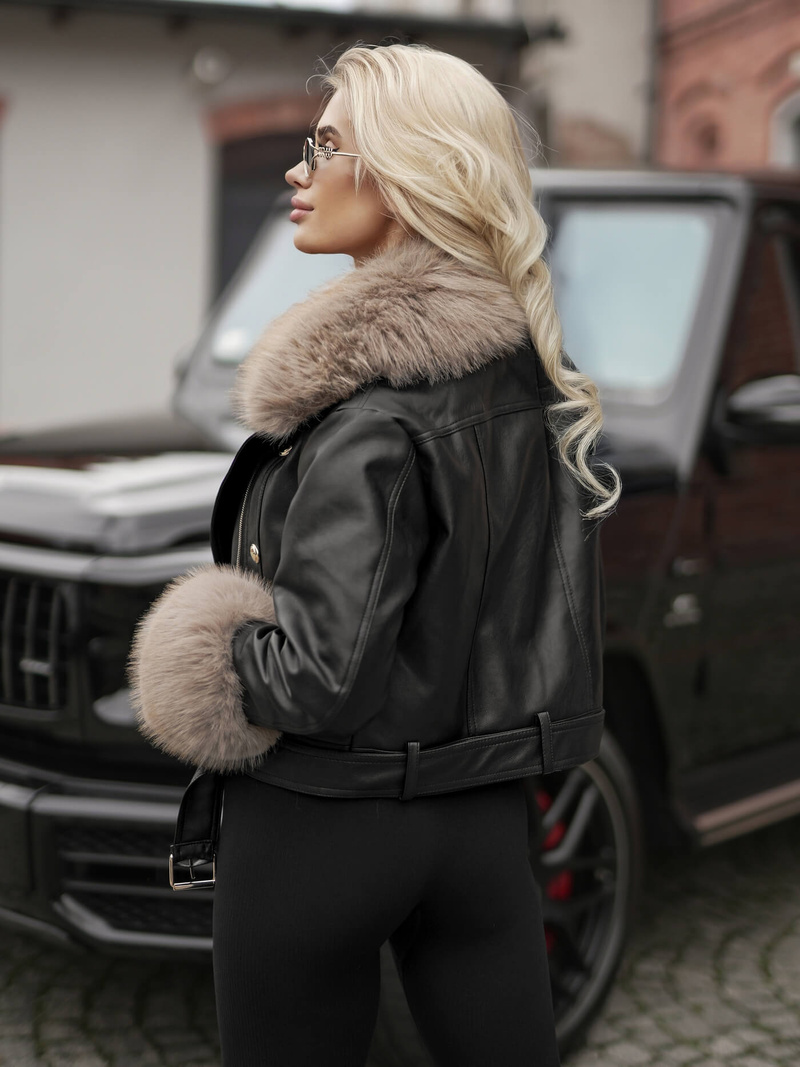 Дамско кожено яке черно-бежова OZONEE JS/61M8512/392BZ