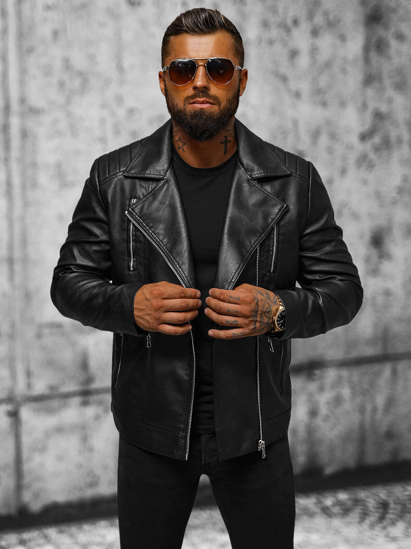 Мъжко кожено яке черно OZONEE JS/11Z8067