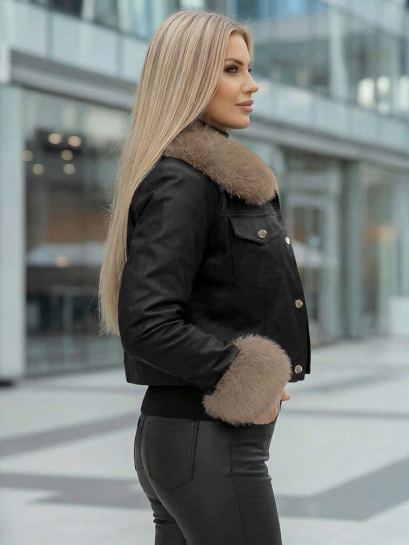 Дамско кожено яке черно-бежова OZONEE JS/61M8513/392B