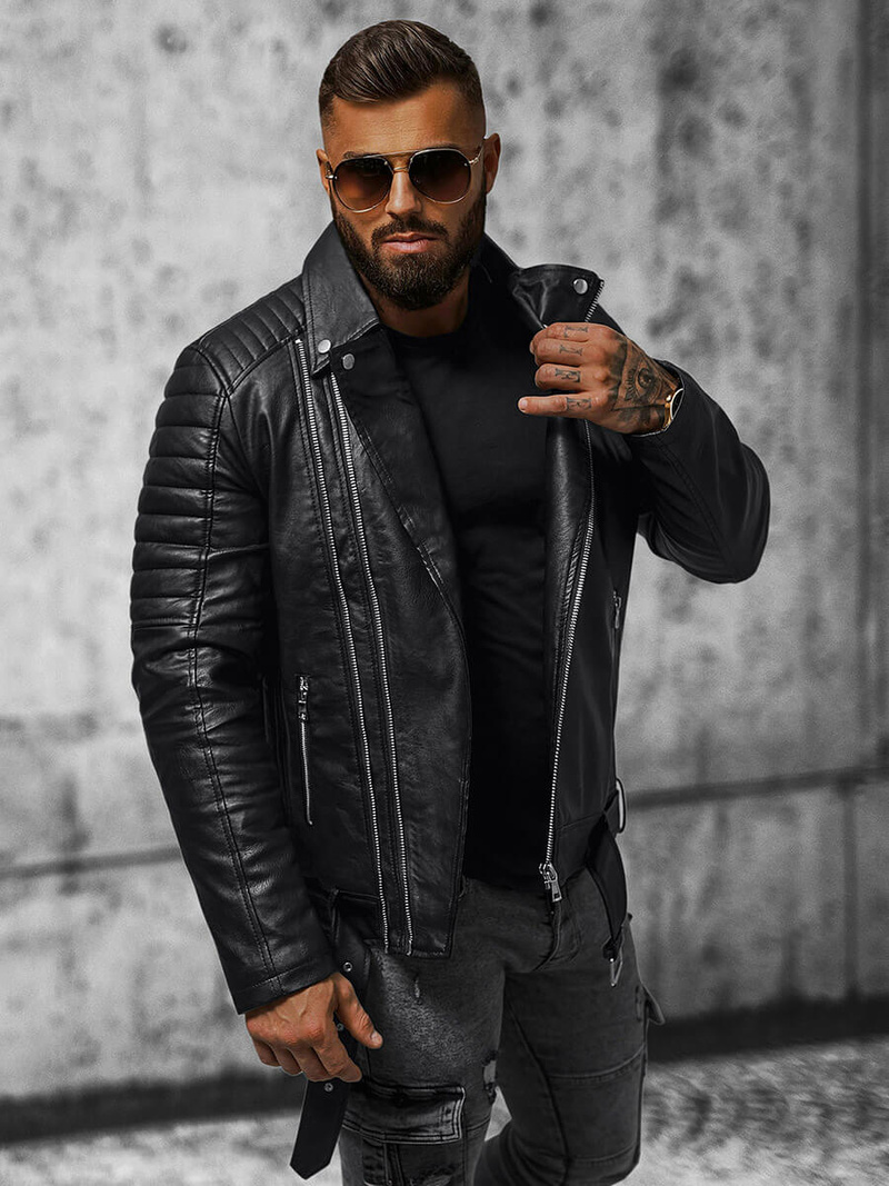 Мъжко кожено яке черно OZONEE JS/11Z8005Z