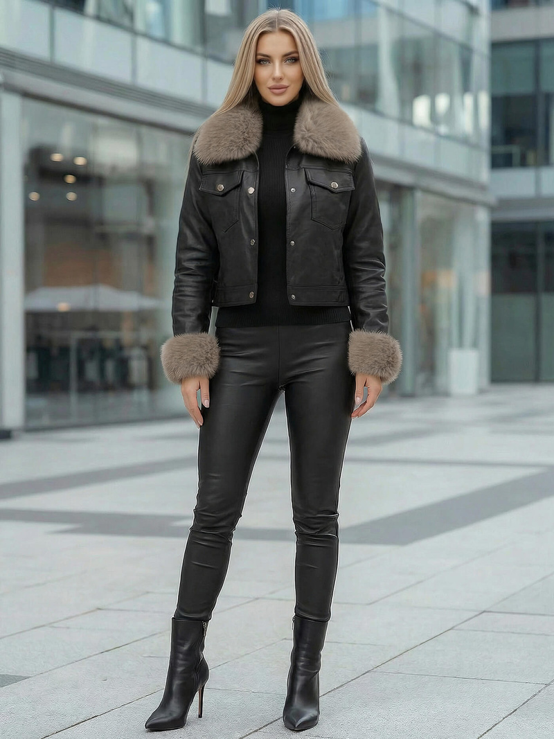 Дамско кожено яке черно-бежова OZONEE JS/61M8513/392B