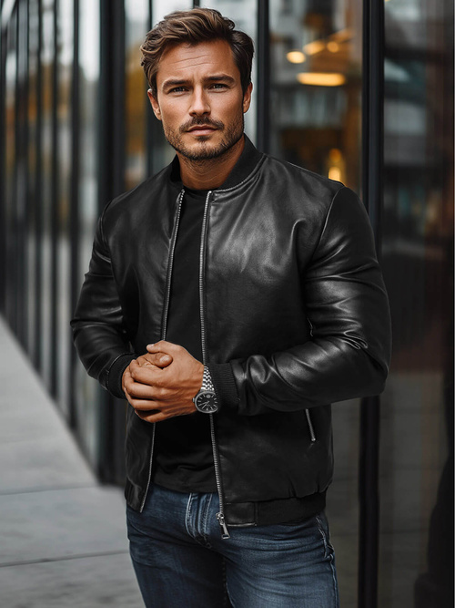 Мъжко кожено яке черно OZONEE JS/11Z8106Z