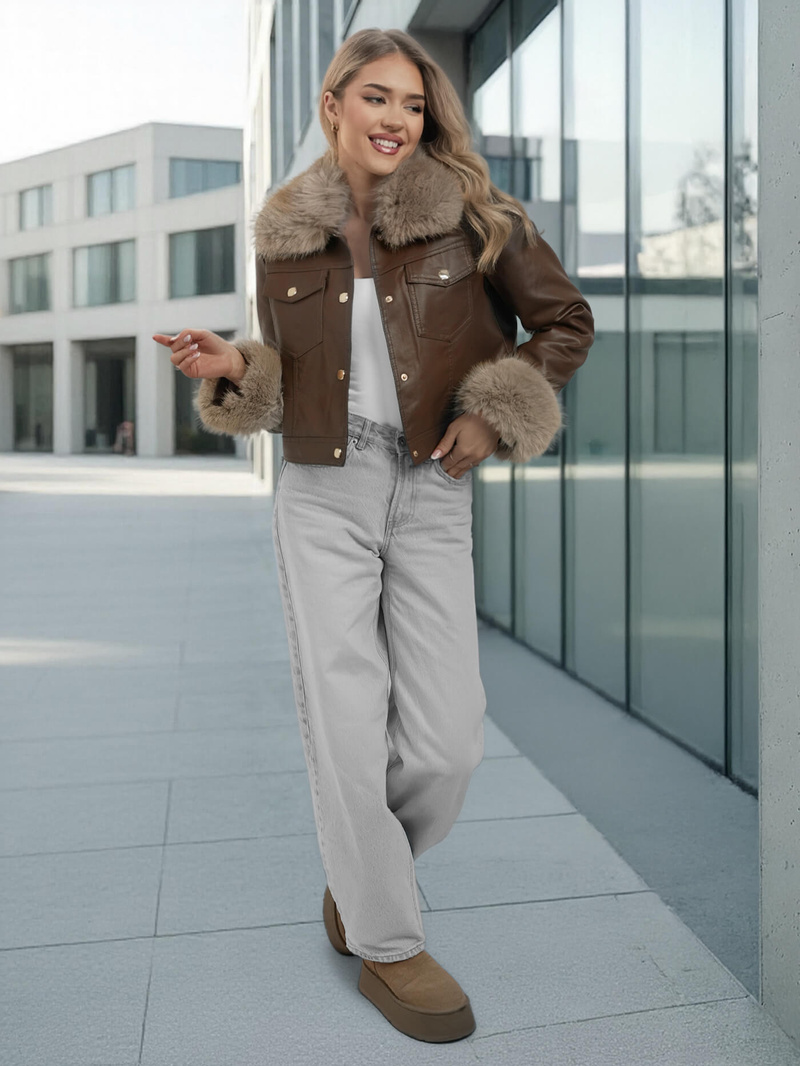 Дамско кожено яке шоколад OZONEE JS/61M8513/158