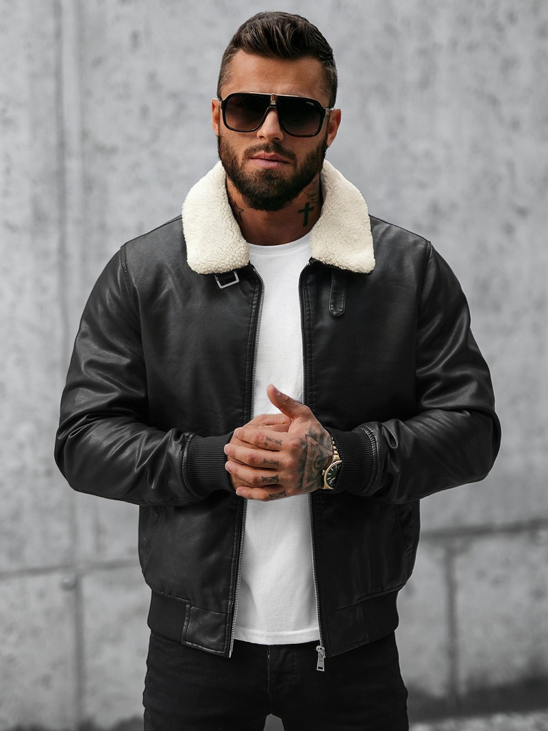 Мъжко кожено яке черно OZONEE JB/JP1178Z