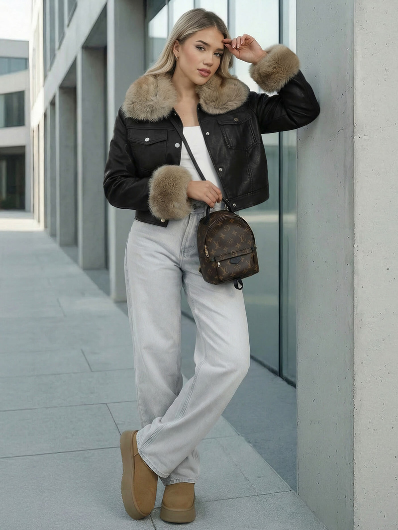 Дамско кожено яке черно-бежова OZONEE JS/61M8513/392B