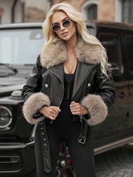 Дамско кожено яке черно-бежова OZONEE JS/61M8512/392BZ