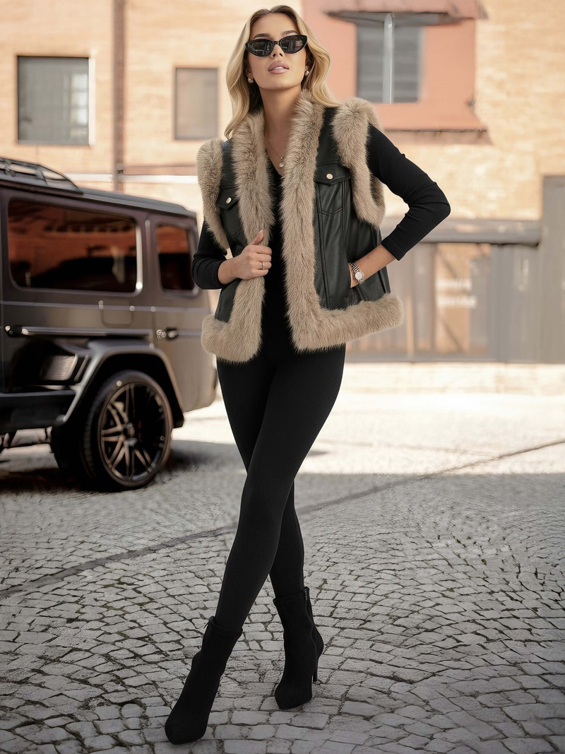 Дамски черен кожен елек OZONEE JS/61M8516/392