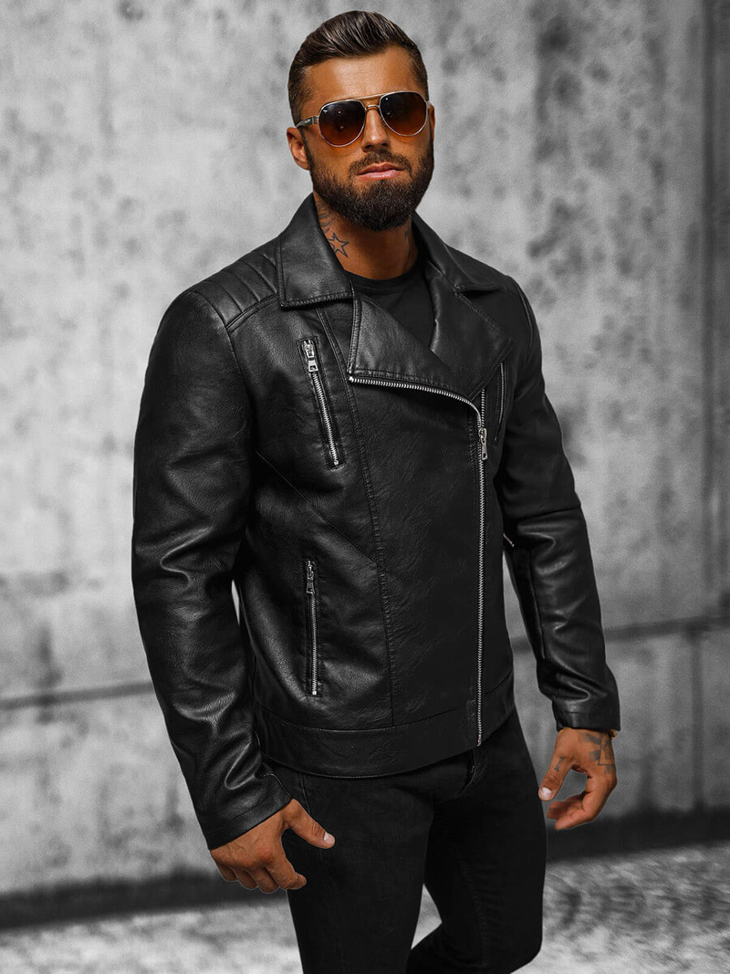 Мъжко кожено яке черно OZONEE JS/11Z8067