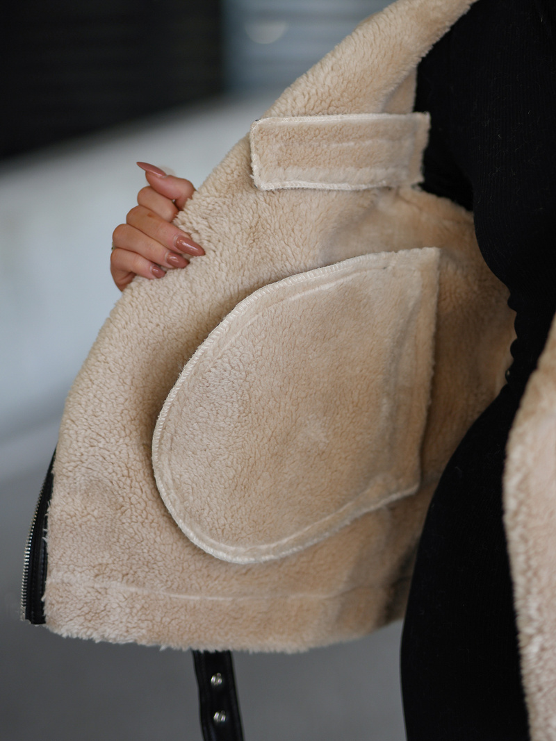 Дамско кожено яке черно-бежова OZONEE JS/11Z8177Z