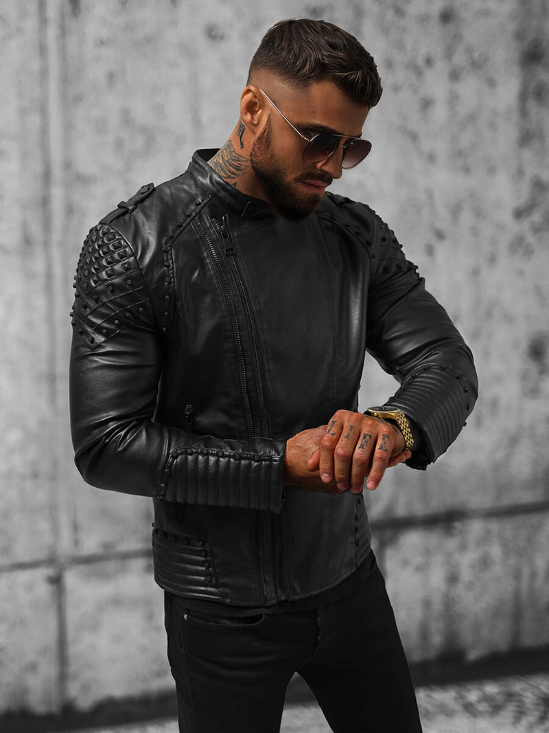 Мъжко кожено яке черно OZONEE O/8901