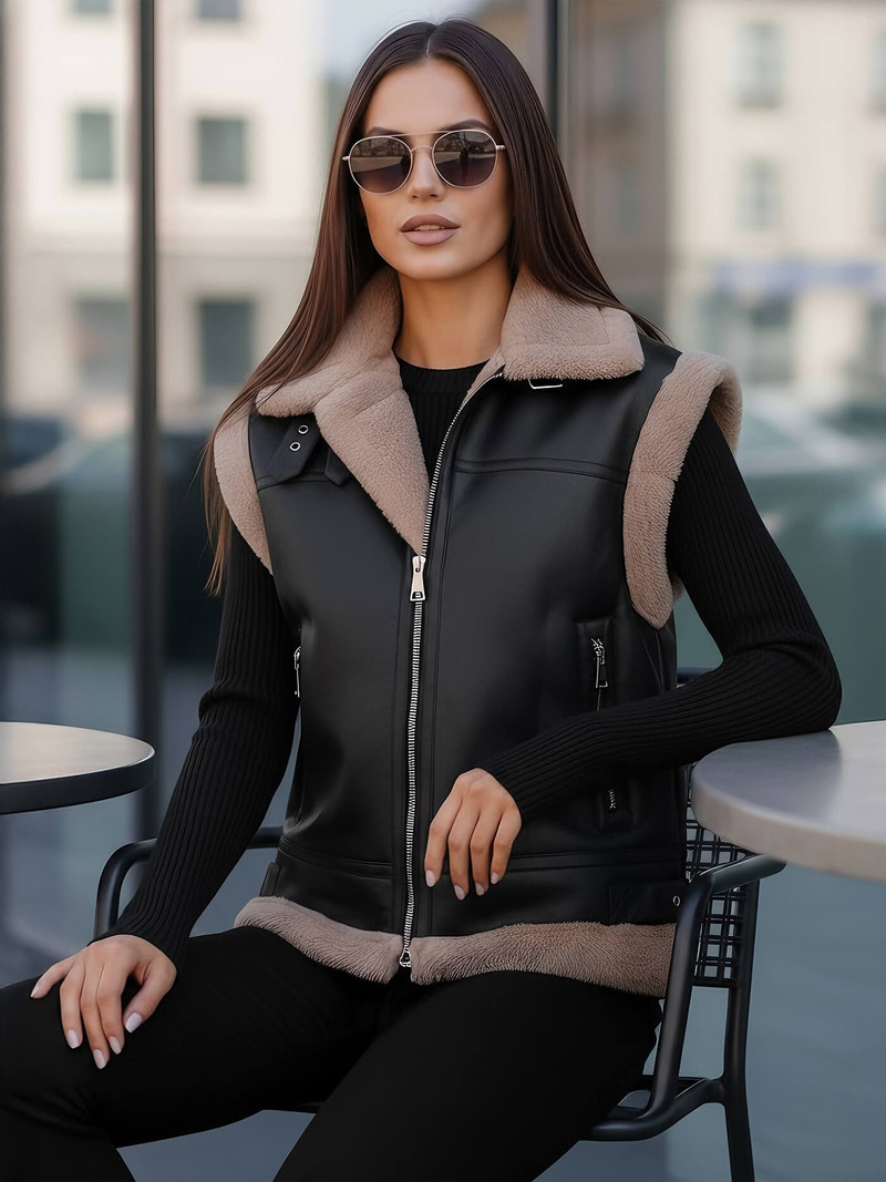 Дамски черен кожен елек OZONEE JS/61M8503/392Z