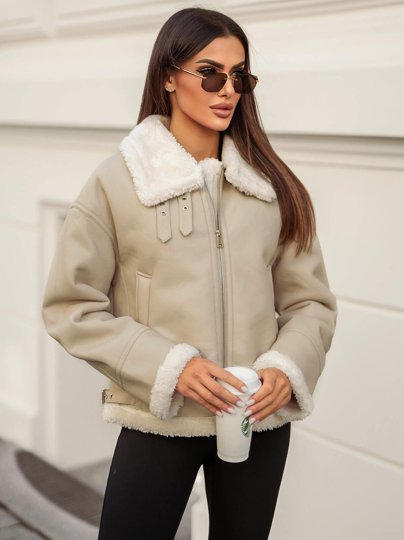 Дамско кожено яке бежова OZONEE JS/11Z8178