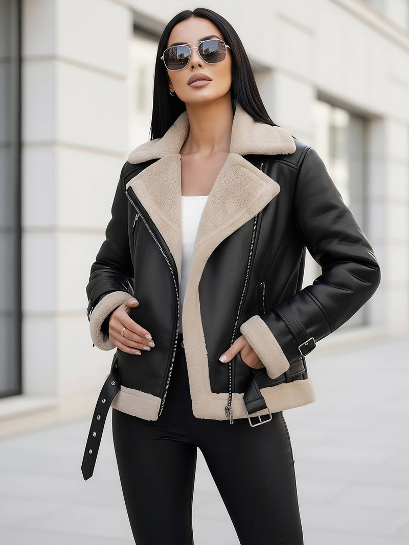 Дамско кожено яке черно-бежова OZONEE JS/11Z8177Z