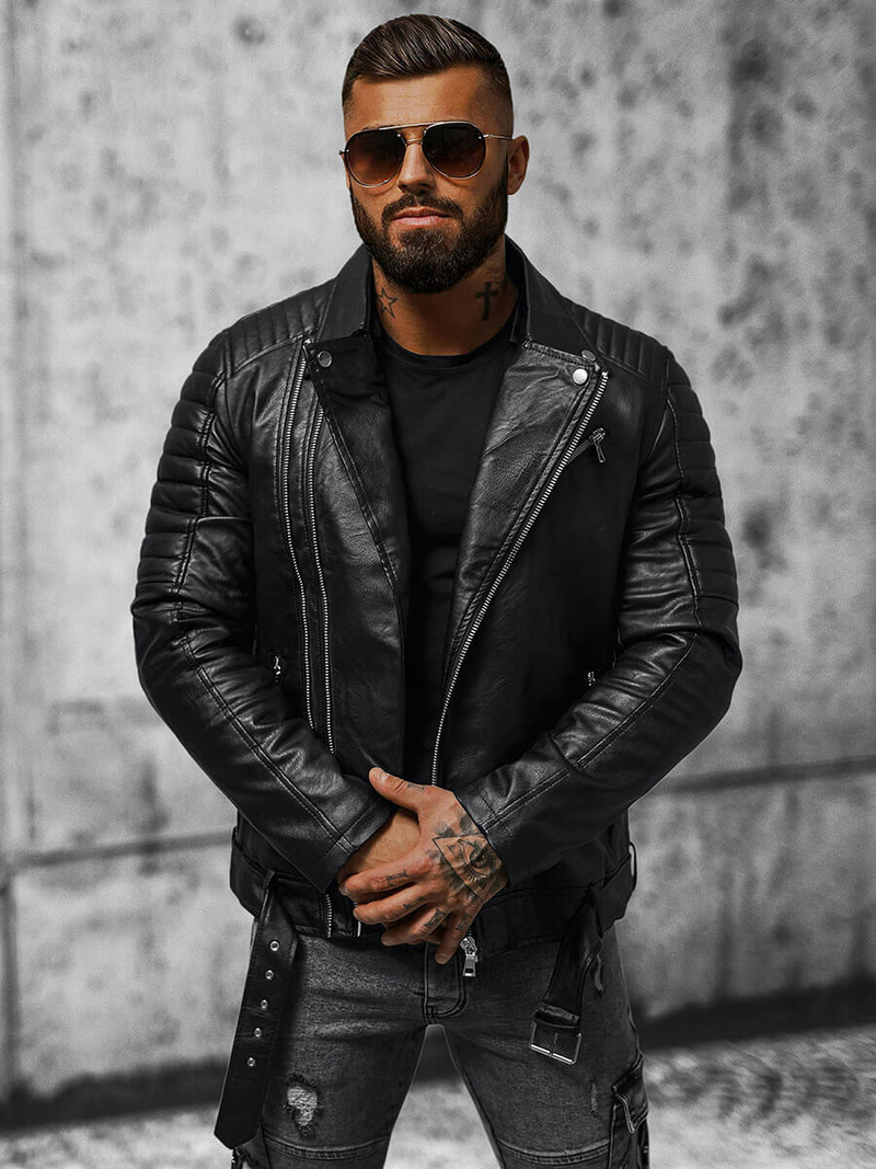 Мъжко кожено яке черно OZONEE JS/11Z8005Z