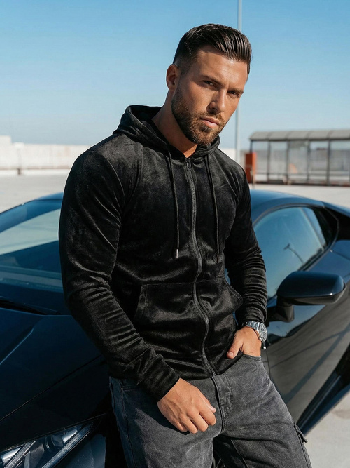 Мъжки велурен суитшърт с качулка черен OZONEE JS/8B1168/3Z