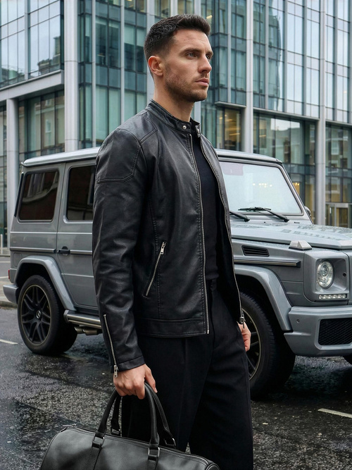Мъжко кожено яке черно OZONEE JS/11Z8027