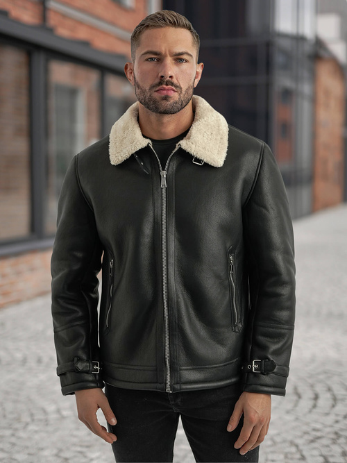 Мъжко кожено яке черно OZONEE JS/11Z8271