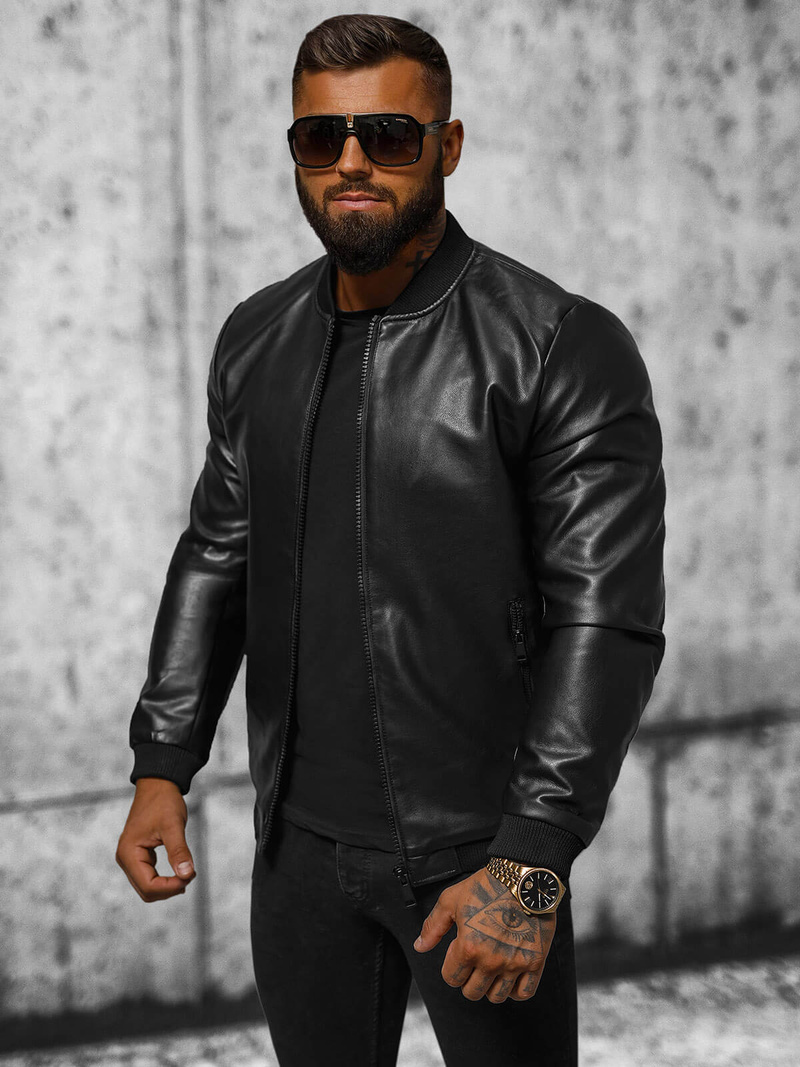 Мъжко кожено яке черно OZONEE JS/11Z8105