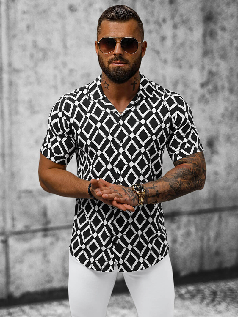 Мъжка риза с къс ръкав черно-бяла OZONEE E/1400/227Z