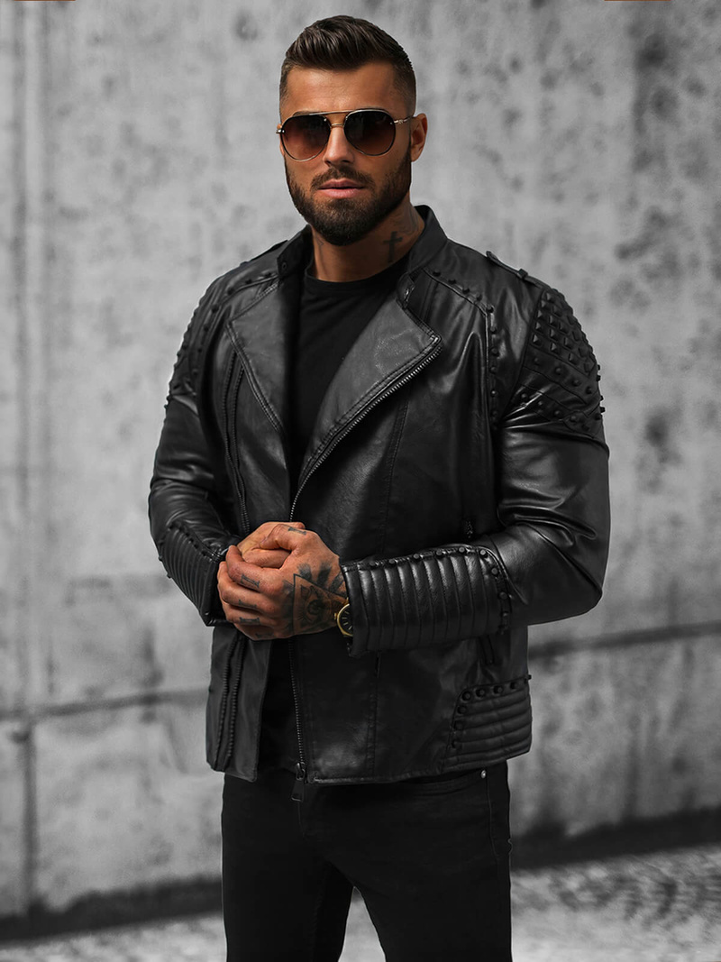 Мъжко кожено яке черно OZONEE O/8901