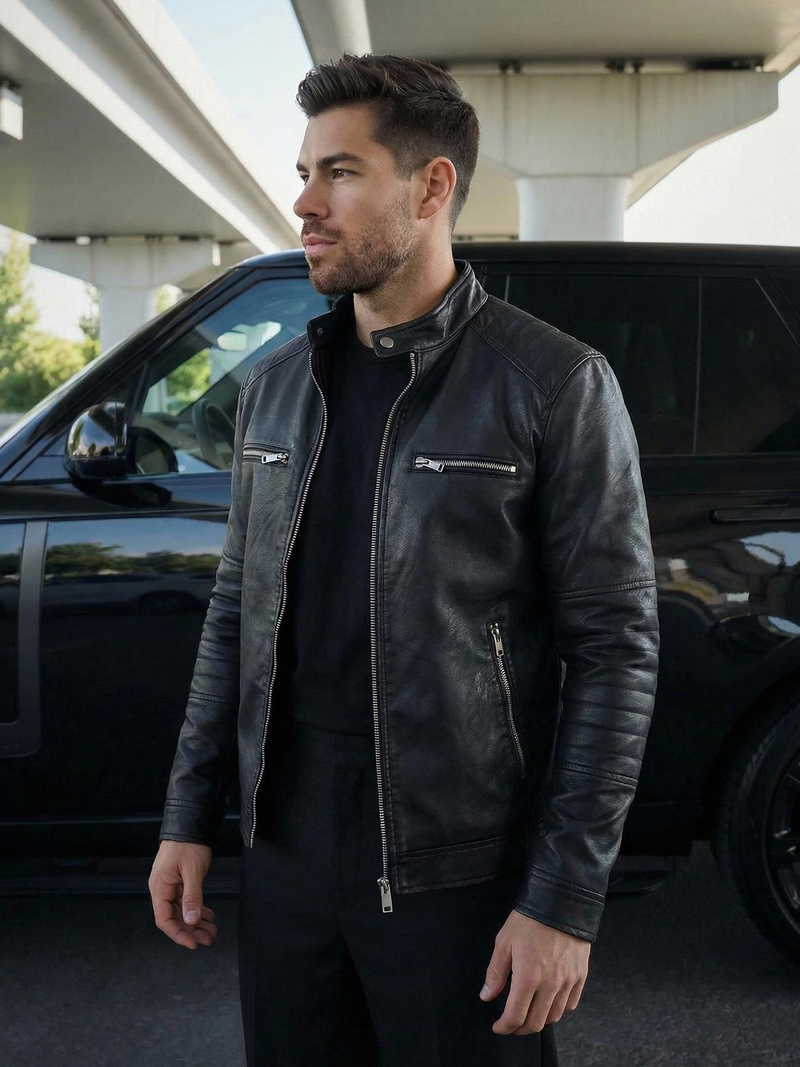 Мъжко кожено яке черно OZONEE JS/11Z8066