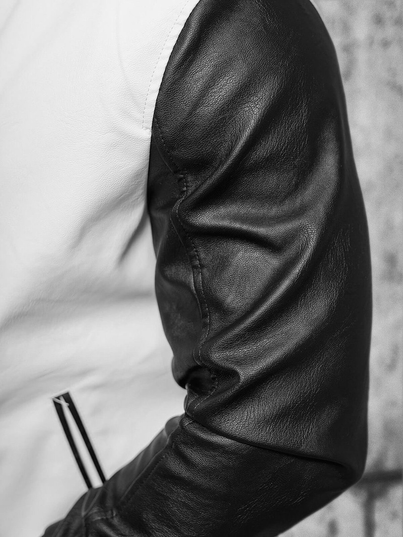 Мъжко кожено яке бяло-черна OZONEE JS/11Z8068