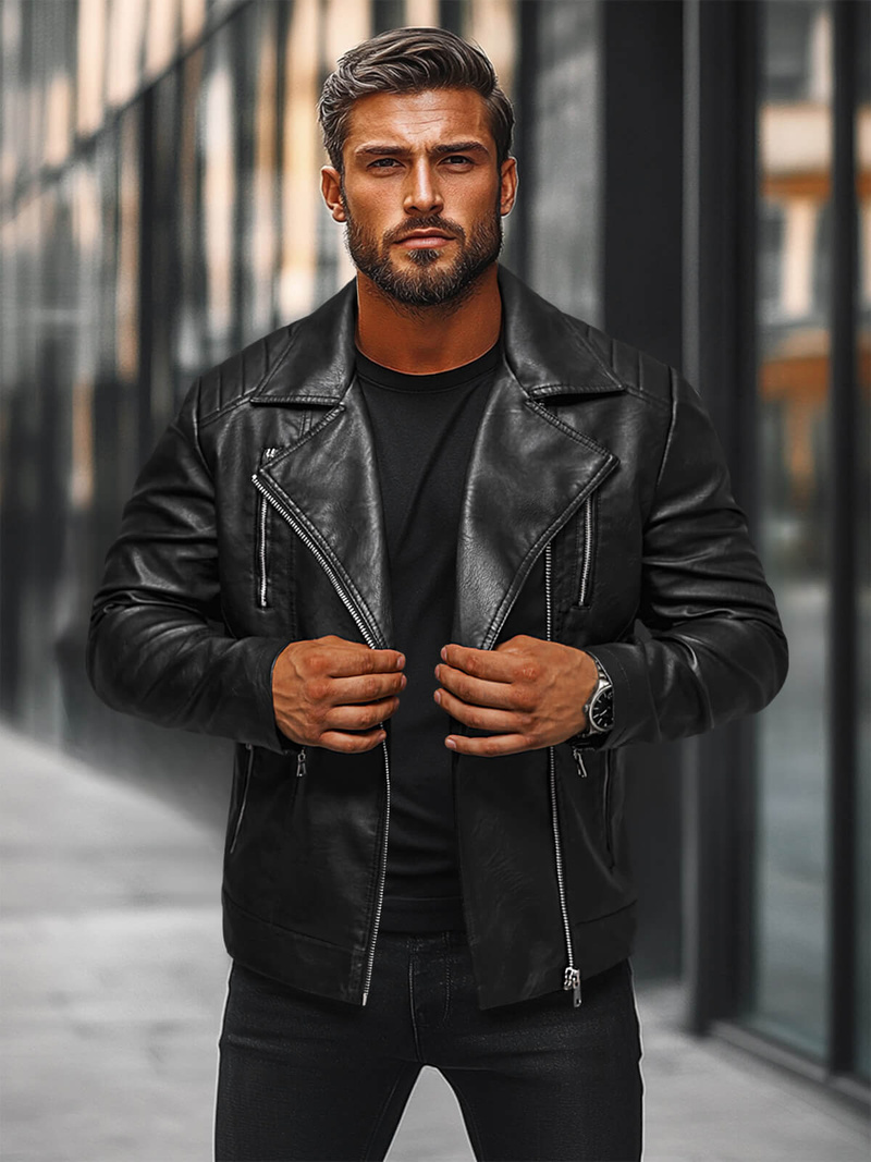 Мъжко кожено яке черно OZONEE JS/11Z8067Z