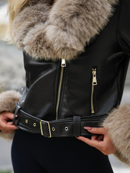 Дамско кожено яке черно-бежова OZONEE JS/61M8511/392B