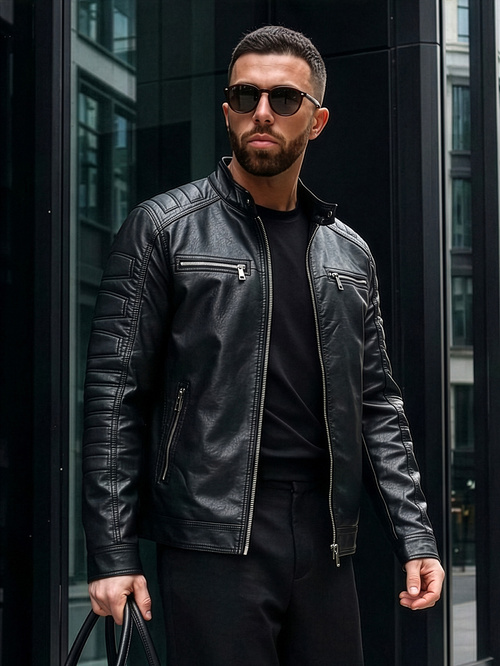 Мъжко кожено яке черно OZONEE JS/11Z8138