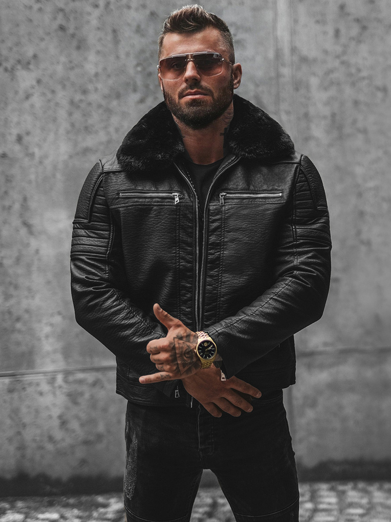 Мъжко кожено яке черно OZONEE JS/11Z8013Z