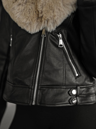 Дамско кожено яке черно-бежова OZONEE JS/61M8508/392B